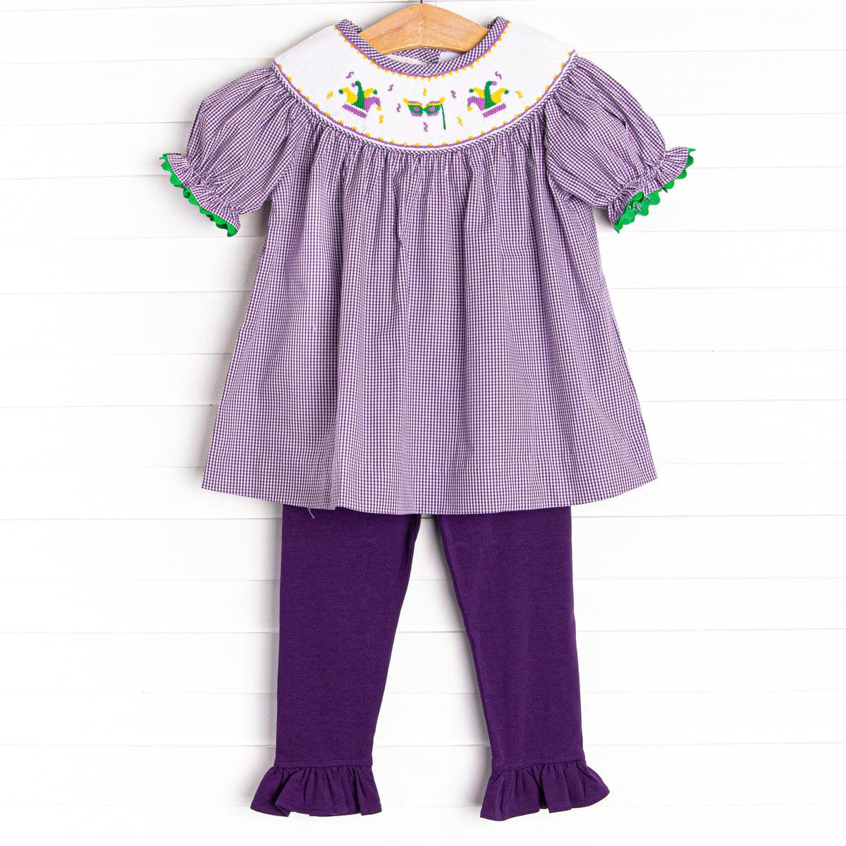 Mardi Gras Jester Smocked Ruffle Legging Set, Purple – Stitchy Fish