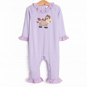 Horsin' Around Applique Romper, Purple Stripe