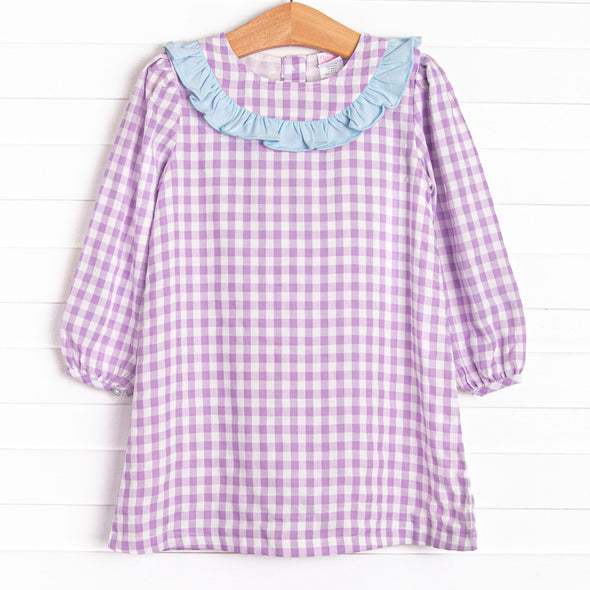 Southern Charm Ruffle Dress, Purple Check