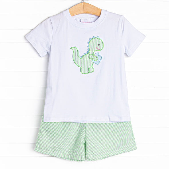 Study Time Saurus Applique Short Set, Green