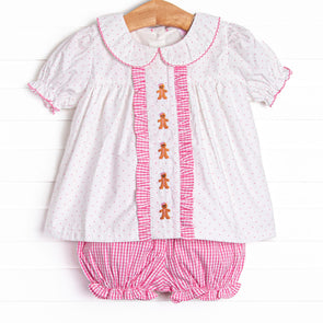 Gingerbread Gal Embroidered Bloomer Set, Pink