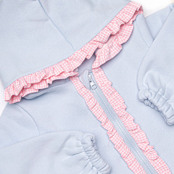 Gingham Gal Zip-Up Ruffle Jacket, Blue and Pink