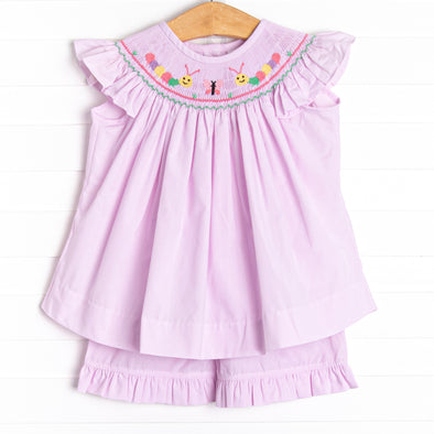 Caterpillar Cuteness Smocked Ruffle Short Set, Pink