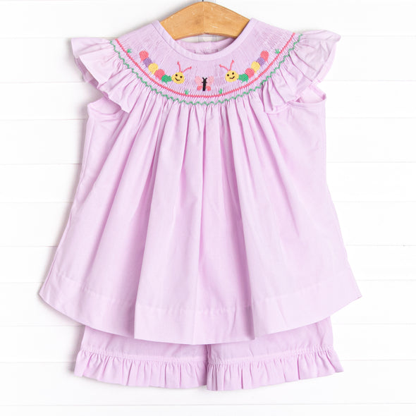 Caterpillar Cuteness Smocked Ruffle Short Set, Pink