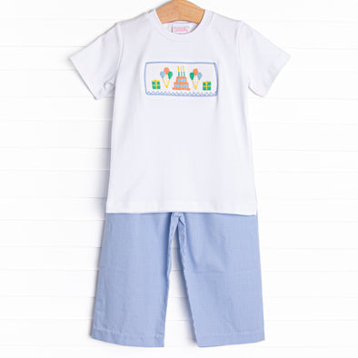 Let's Celebrate Smocked Pant Set, Blue Gingham