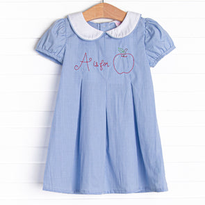 A is for Apple Embroidered Dress, Blue Gingham