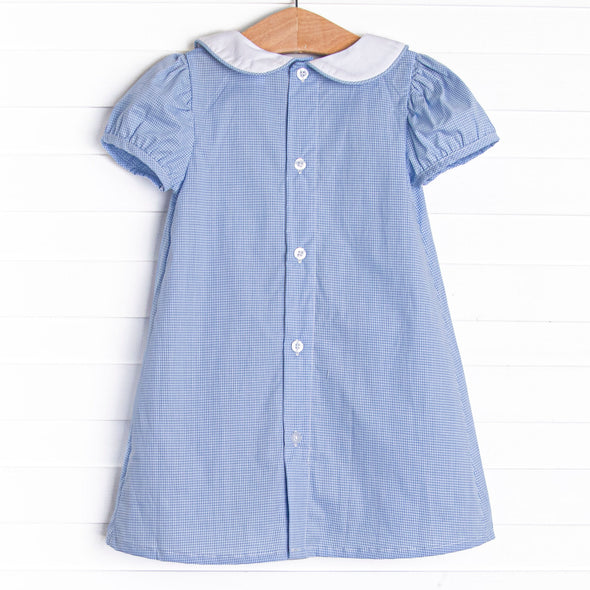 A is for Apple Embroidered Dress, Blue Gingham