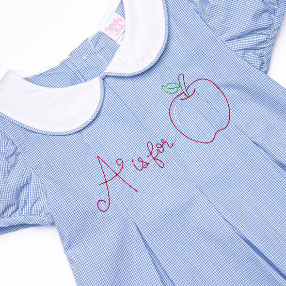 A is for Apple Embroidered Dress, Blue Gingham