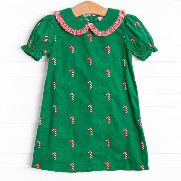 Candy Cane Craze Embroidered Dress, Green