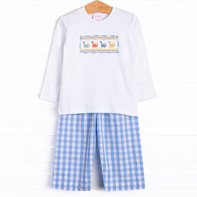 Dino Row Smocked Pant Set, Blue