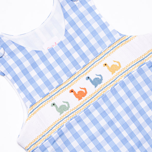 Dino Row Smocked Long Jon Jon, Blue