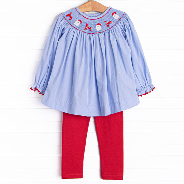 Santa's Coming Smocked Legging Set, Blue Gingham