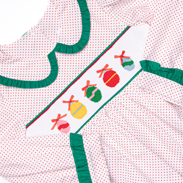 On the Tree Ornaments Smocked Romper, Red Bitty Dot