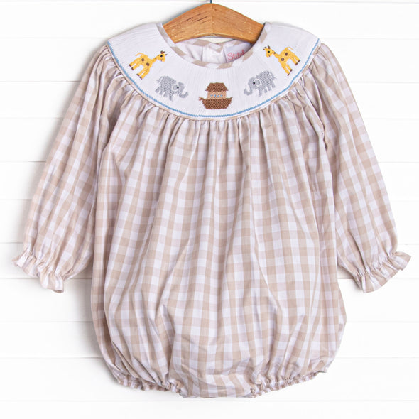 Noah's Ark Smocked Girl Bubble, Tan