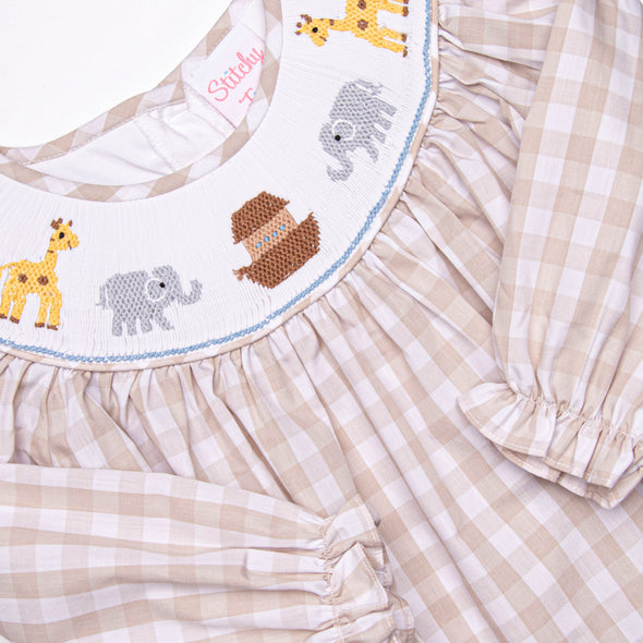 Noah's Ark Smocked Bishop Dress, Tan