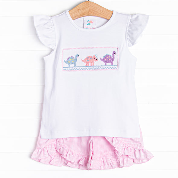 Dino Parade Smocked Ruffle Short Set, Pink