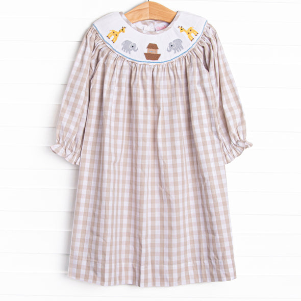 Noah's Ark Smocked Bishop Dress, Tan