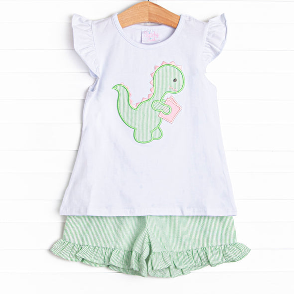 Study Time Saurus Applique Ruffle Short Set, Green