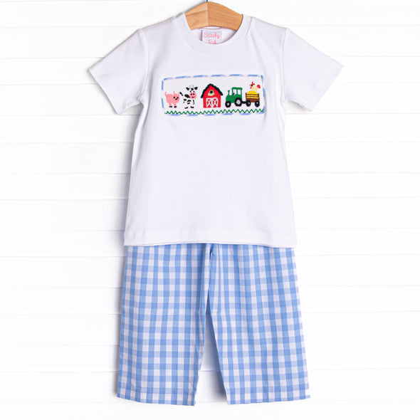 Fun at the Farm Smocked Pant Set, Blue Check