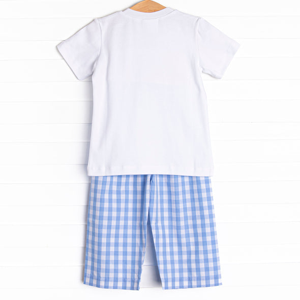 Fun at the Farm Smocked Pant Set, Blue Check