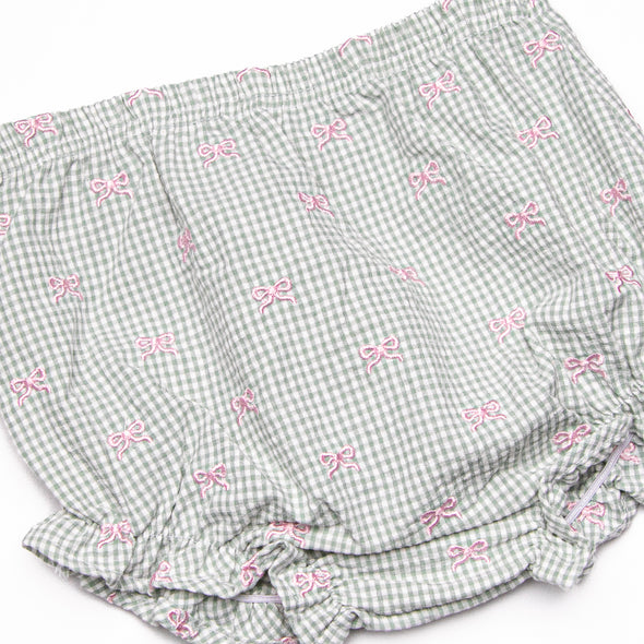 Brooksy Bows Embroidered Diaper Set, Green Gingham