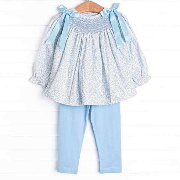 Bow Me Away Smocked Legging Set, Blue