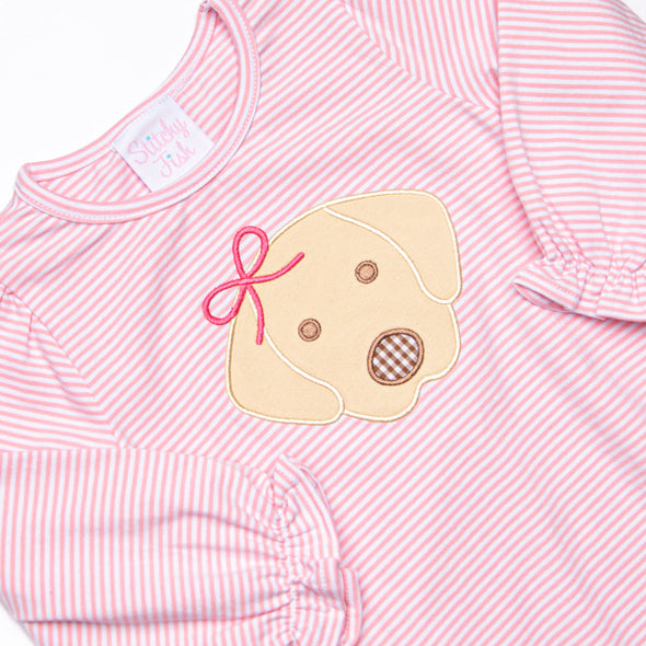 Bow Wow Applique Ruffle Bubble, Pink Stripe