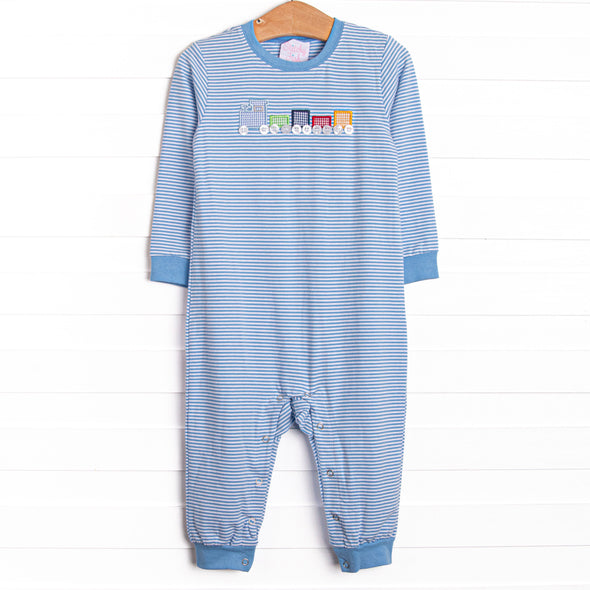 Chugging Along Applique Romper, Blue Stripe