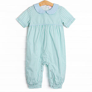 Garden Mint Gingham Romper, Green