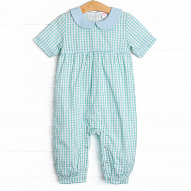 Garden Mint Gingham Romper, Green