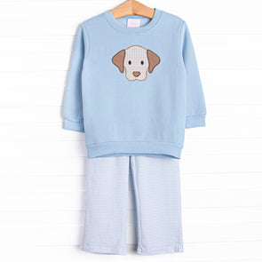 Furry Ear Friend Applique Pant Set, Blue