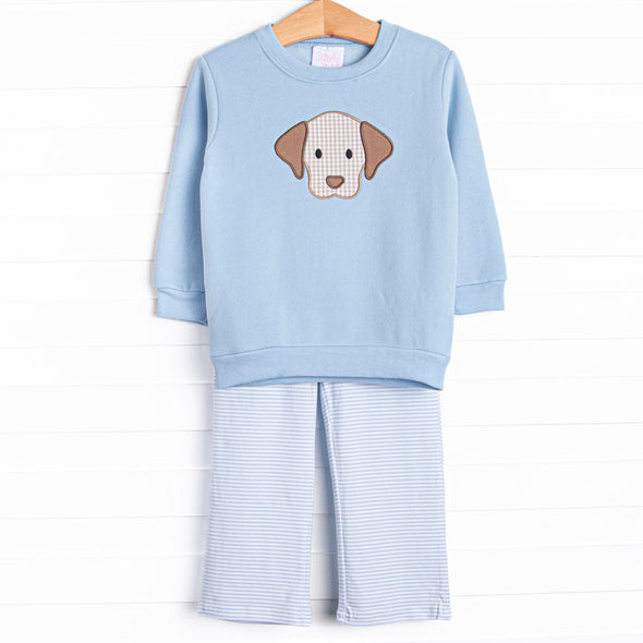 Furry Ear Friend Applique Pant Set, Blue