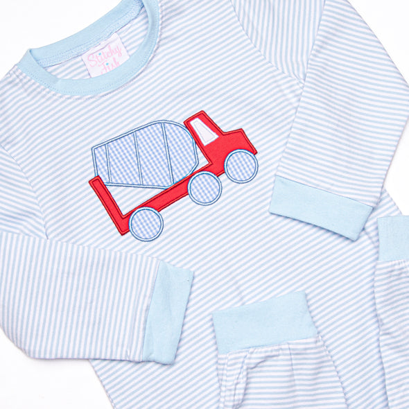 Mr. Mixer Applique Romper, Blue Stripe