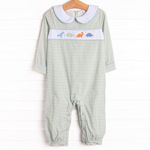 Fossil Friends Embroidered Long Romper, Green