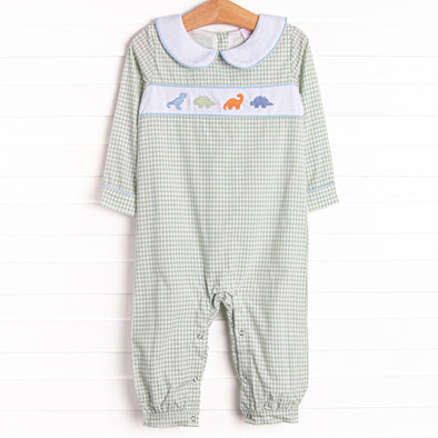 Fossil Friends Embroidered Long Romper, Green