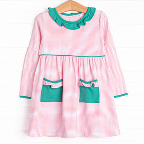 Lexie Ruffle Dress, Jade Green and Pink Stripe