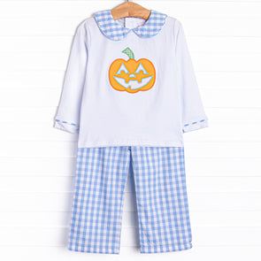 Bitty Dot Boos Applique Pant Set, Blue