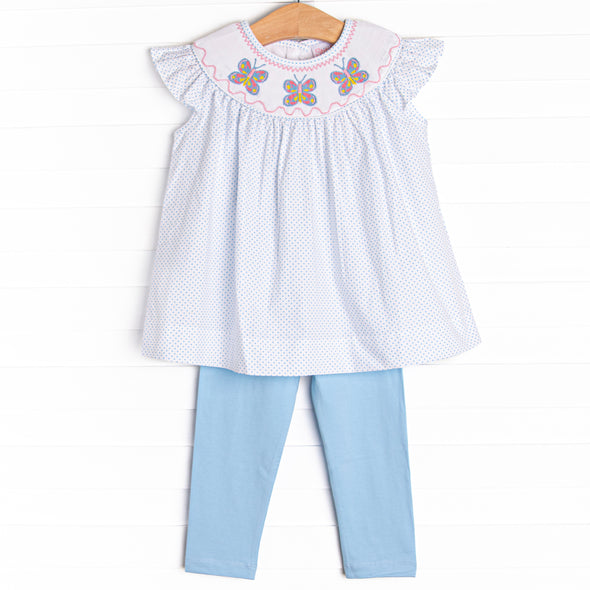 Bye Bye Butterfly Smocked Legging Set, Blue