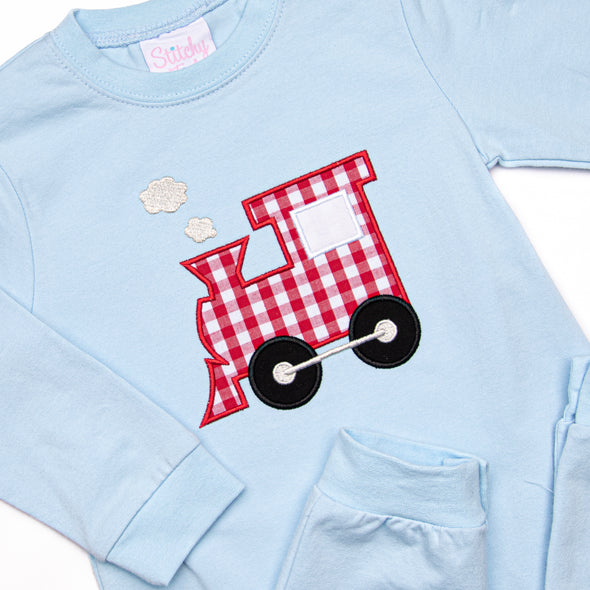 Locomotive Lad Applique Romper, Blue