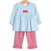 Little Red Wagon Applique Ruffle Pant Set, Blue