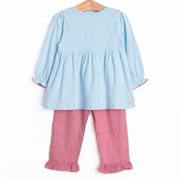 Little Red Wagon Applique Ruffle Pant Set, Blue