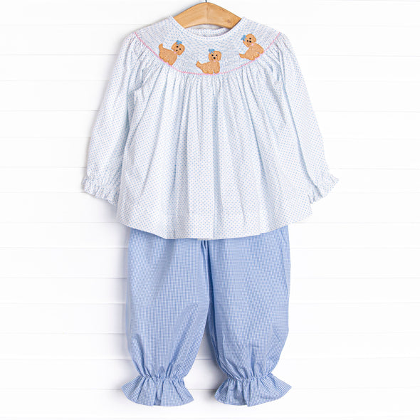 Pampered Pups Smocked Pant Set, Blue