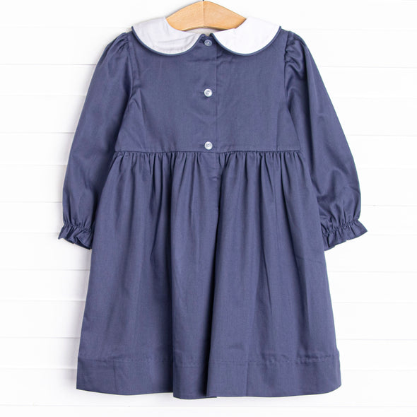 French Knot Mallard Embroidered Dress, Navy