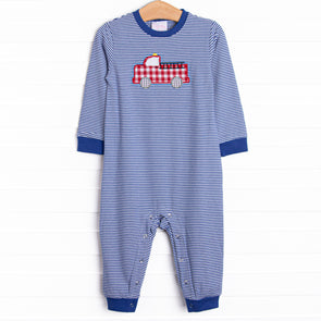 Firehouse Hero Applique Romper, Royal Blue Stripe