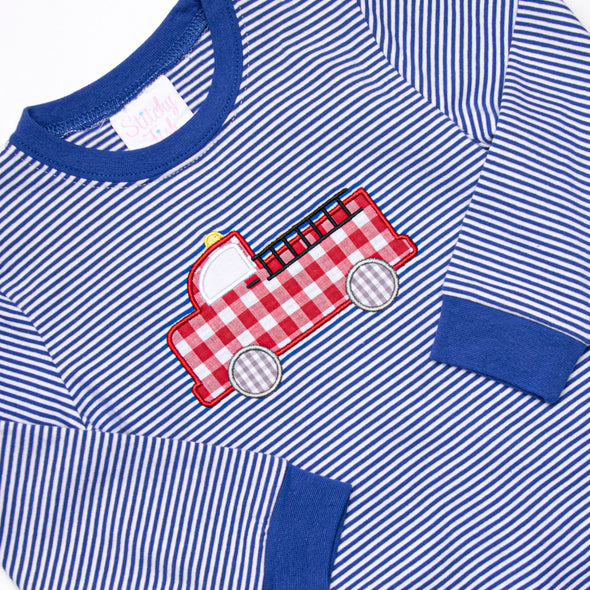 Firehouse Hero Applique Romper, Royal Blue Stripe