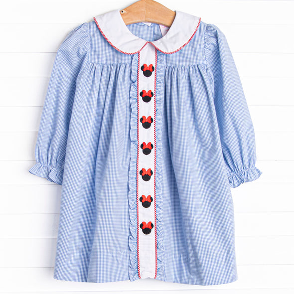 Mouse Adventures Embroidered Long Sleeve Dress, Blue