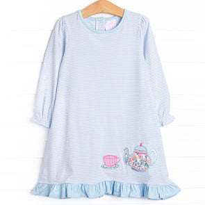 Little Teapot Applique Long Sleeve Dress, Blue