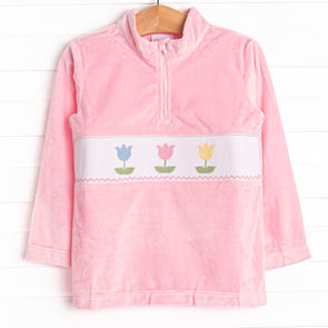 Traditional Tulips Smocked Fleece Pullover, Pink