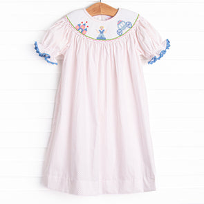 Fairytale Princess Smocked Bishop Dress, Pink Bitty Dot