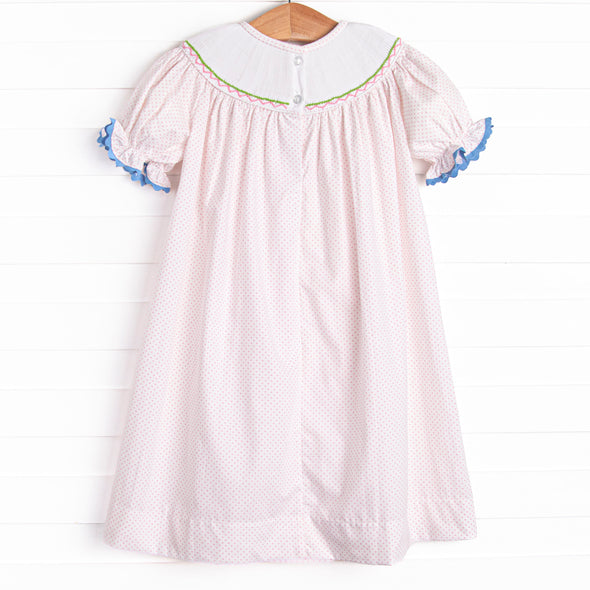 Fairytale Princess Smocked Bishop Dress, Pink Bitty Dot